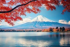 Mt Fuji with maple leaf background at Kawaguchiko lake in Japan. Beautiful Fuji mountain and lake landscape view with colorful tree leaves, AI Generated photo