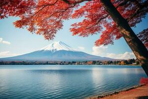 Mt Fuji with maple leaf at Kawaguchiko lake in Japan. Beautiful Fuji mountain and lake landscape view with colorful tree leaves, AI Generated photo