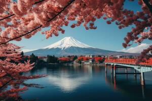 Mt Fuji and Cherry Blossom at Kawaguchiko lake in Japan, Beautiful Fuji mountain and lake landscape view with colorful tree leaves, AI Generated photo