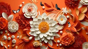 generativo ai, papel cortar arte flores y hojas, albaricoque Persona especial naranja color, origami texturizado fondo, primavera humor. floral marco disposición. foto