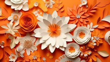 Generative AI, Paper cut craft flowers and leaves, apricot crush orange color, origami textured background, spring mood. Floral frame layout.. photo