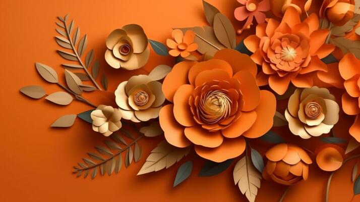 Generative AI, Paper cut craft flowers and leaves, apricot crush orange  color, origami textured background, spring mood. Floral frame layout..  28890937 Stock Photo at Vecteezy