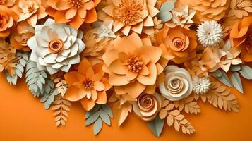 generativo ai, papel cortar arte flores y hojas, albaricoque Persona especial naranja color, origami texturizado fondo, primavera humor. floral marco disposición. foto