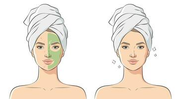 Woman with problem skin uses cosmetic mask, vector illustration