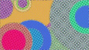 Abstract geometric colorful vector background in color halftone design style with concentric circles and rotated rectangles.