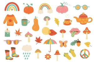 Groovy retro autumn set. Fall psychedelic cute icons 60s, 70s. Hippie aesthetic collection. vector