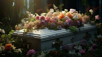 generativo ai, flores en un ataúd en el funeral o entierro servicios a cementerio, ataúd con flores foto