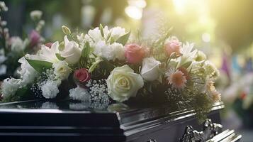 generativo ai, flores en un ataúd en el funeral o entierro servicios a cementerio, ataúd con flores foto