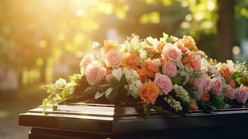 generativo ai, flores en un ataúd en el funeral o entierro servicios a cementerio, ataúd con flores foto