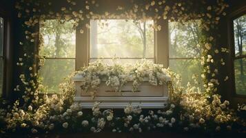 Generative AI, Flowers on a coffin in the funeral or burial services at cemetery, casket with flowers photo