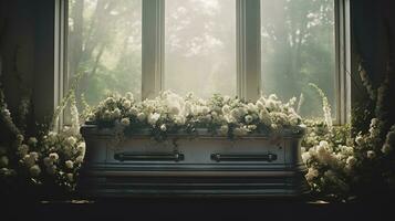 Generative AI, Flowers on a coffin in the funeral or burial services at cemetery, casket with flowers photo