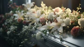 Generative AI, Flowers on a coffin in the funeral or burial services at cemetery, casket with flowers photo
