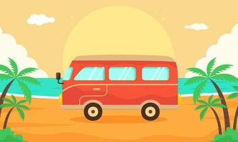 Retro vintage travelling bus on the sunset beach. Camping, road trip, summer vacation concept. Summer tropical landscape with palm trees. vector