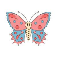 Groovy retro cartoon butterfly character. Linear color vector illustration