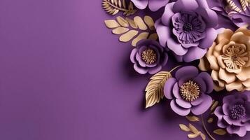 Generative AI, Paper cut craft flowers and golden leaves, light purple, digital lavender color, floral origami textured background, spring mood. photo