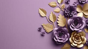 Generative AI, Paper cut craft flowers and golden leaves, light purple, digital lavender color, floral origami textured background, spring mood. photo
