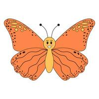 Groovy retro cartoon butterfly character. Linear color vector illustration