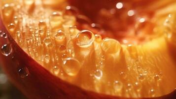 Generative AI, bright slice of juicy ripe peach and water drops, macro of summer fruit photo