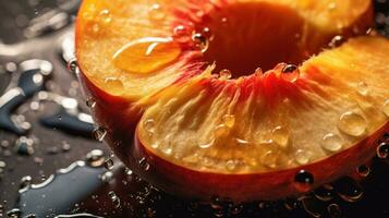 Generative AI, bright slice of juicy ripe peach and water drops, macro of summer fruit photo