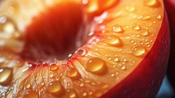 Generative AI, bright slice of juicy ripe peach and water drops, macro of summer fruit photo