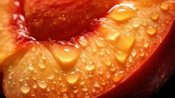 generativo ai, brillante rebanada de jugoso maduro melocotón y agua gotas, macro de verano Fruta foto