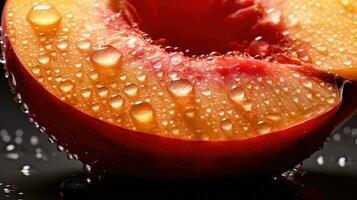 Generative AI, bright slice of juicy ripe peach and water drops, macro of summer fruit photo