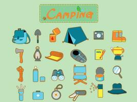 Camping icon set. Freehand drawing illustration cartoon style. vector