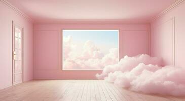 Generative AI, Pink magenta fantastic 3d clouds in the room interior, sky and landscape. Gentle colors and with bright lights. photo
