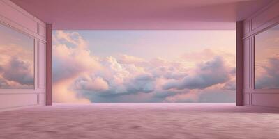 Generative AI, Pink magenta fantastic 3d clouds in the room interior, sky and landscape. Gentle colors and with bright lights. photo