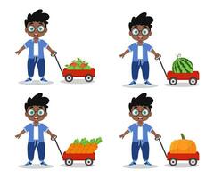 4 Illustrations of a boy with a red cart vector