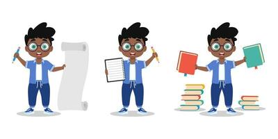 Set of illustrations of a boy with a notebook and a pencil vector