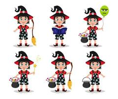 Set of illustrations of a girl in a witch costume vector