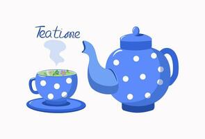 Teapot  and a cup. Green herbal tea with flowers. Flower tea drink. Vector illustration, white isolated background.