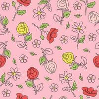 Flower pattern  line art. Drawing poppy, chamomile and rose. Colored seamless vector background with drawings of flowers.