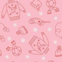 Vector winter clothes pattern. Clothes knitted with Christmas ornament. Doodle drawings, icons. For festive packaging, textiles. Vector illustration. The seamless background is isolated.