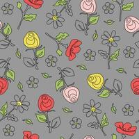 Flower pattern  line art. Drawing poppy, chamomile and rose. Colored seamless vector background with drawings of flowers.