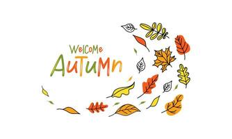 Banner with the inscription Hello Autumn, natural background with flying leaves. A set of autumn leaves. Text. Harvest Celebration. Leaffall. Doodle style drawings. White isolated background. vector