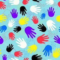 The pattern is seamless. Multicolored Hands, palms, palm print. Fingers of a person's hand, a child's palm. Drawing. Vector graphics. Illustration on isolated background.