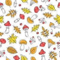 Autumn pattern leaves, mushrooms and berries. Fly agaric, rowan branch, maple leaf, doodle, drawings, sketch, vector illustration, seamless natural Background.