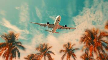 Generative AI, plane fliing over a tropical island with palm trees. Travel, vacation concept. Beautiful sky background photo