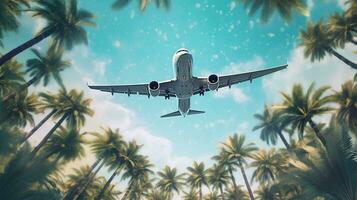 Generative AI, plane fliing over a tropical island with palm trees. Travel, vacation concept. Beautiful sky background photo