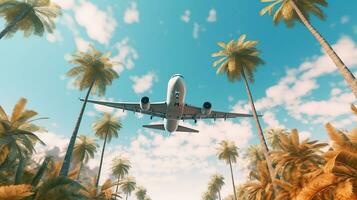Generative AI, plane fliing over a tropical island with palm trees. Travel, vacation concept. Beautiful sky background photo