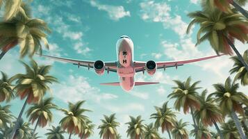 Generative AI, plane fliing over a tropical island with palm trees. Travel, vacation concept. Beautiful sky background photo