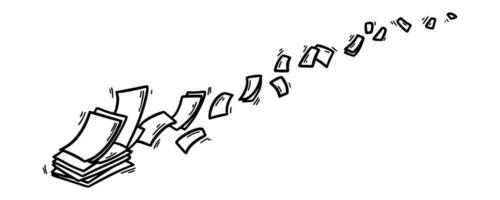 Flying paper sheets in doodle style. Hand drawn blank document pages. Falling files of documents. Horizontal office business vector illustration.