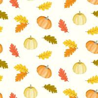 Seamless pattern of doodle oak leaves and pumpkins on isolated background. Hand drawn background for Autumn harvest holiday, Thanksgiving, Halloween, seasonal, textile, scrapbooking, paper crafts. vector