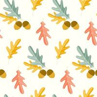 Seamless pattern of doodle oak leaves and acorns on isolated background. Hand drawn background for Autumn harvest holiday, Thanksgiving, Halloween, seasonal, textile, scrapbooking. vector