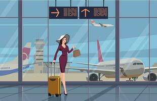 Girl with luggage at the airport against the backdrop of aircraft. Vector. vector