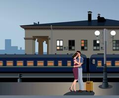 Meeting of lovers at the railway station at sunset. Vector. vector