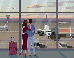 A guy and a girl look out the window at the airport at the planes. Vector. vector