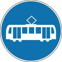 Tram sign. Mandatory sign. Round blue sign. The sign allows the movement of only public tram. Tram line and stop. Road sign. vector